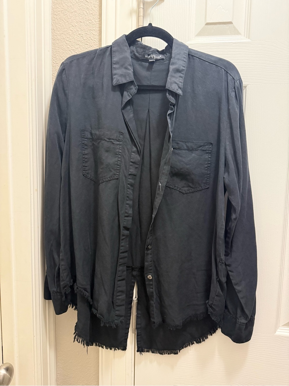 Velvet Heart Black Frayed-Hem Button Down Shirt, NWOT